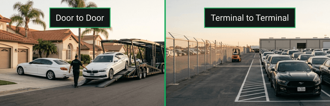 Split view of door-to-door delivery at a home in San Diego and a terminal-to-terminal car lot