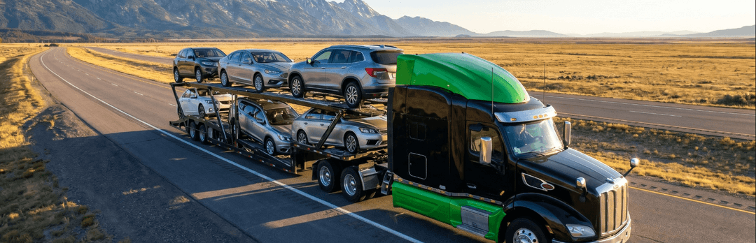 Green and black semi pulling a loaded open car carrier across Montana prairie with mountains behind