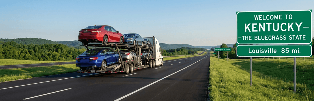 Car carrier on a highway passing a Welcome to Kentucky sign showing Louisville 85 miles
