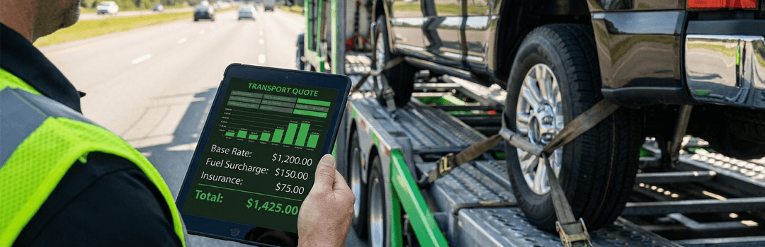 Driver holding a tablet with a pickup truck shipping cost breakdown next to a strapped-down truck tire
