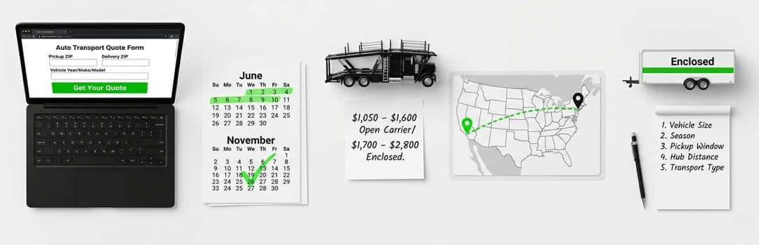Quote factors flat lay: laptop booking form, calendar, open vs enclosed price notes, US route map and checklist