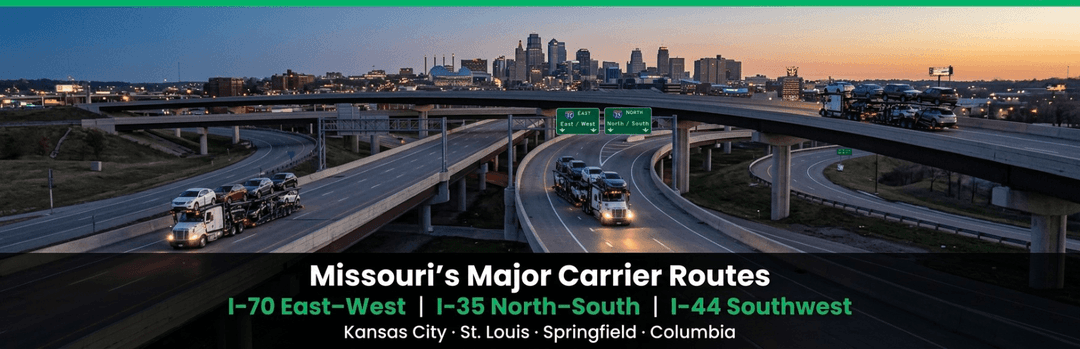 Missouri highway interchange at dusk labeled with major carrier routes I-70, I-35 and I-44