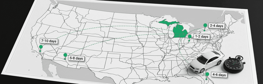 US map showing Michigan shipping transit times, from 1 to 2 days nearby up to 7 to 10 days to the West