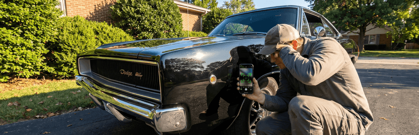Man crouching to photograph the front wheel of a black classic Dodge in a driveway before transport