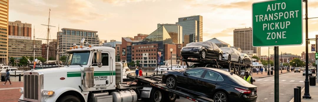 Loaded car carrier truck beside an Auto Transport Pickup Zone sign on the Baltimore waterfront at sunset