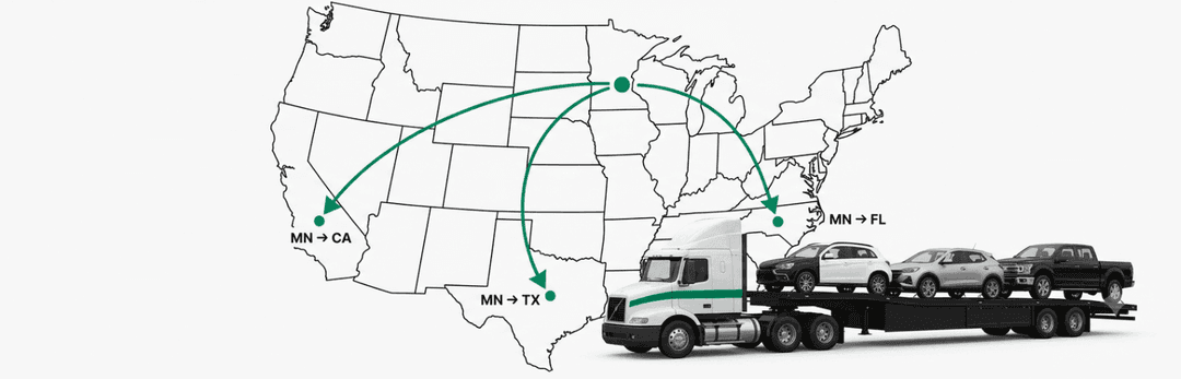 US map with arrows from Minnesota to California, Texas and Florida beside a loaded car carrier