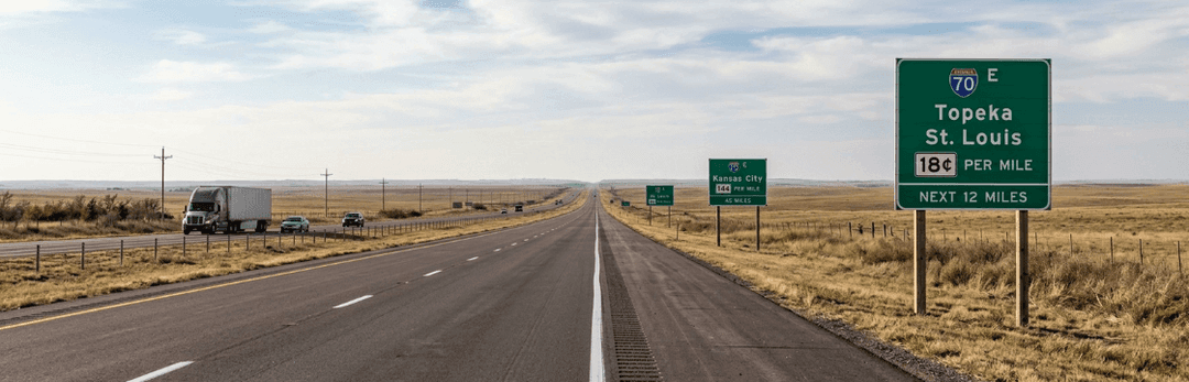 Empty Kansas interstate stretching to the horizon with a green highway sign for Topeka and St. Louis