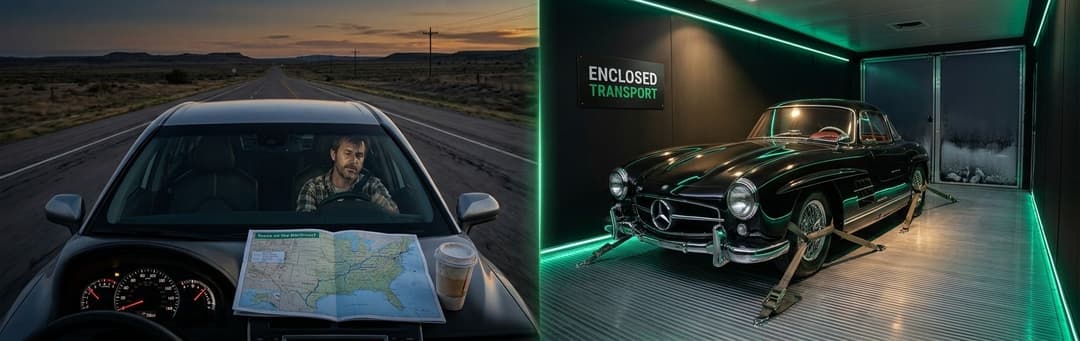 Split view of a driver with a road map versus a classic black car inside an enclosed transport trailer