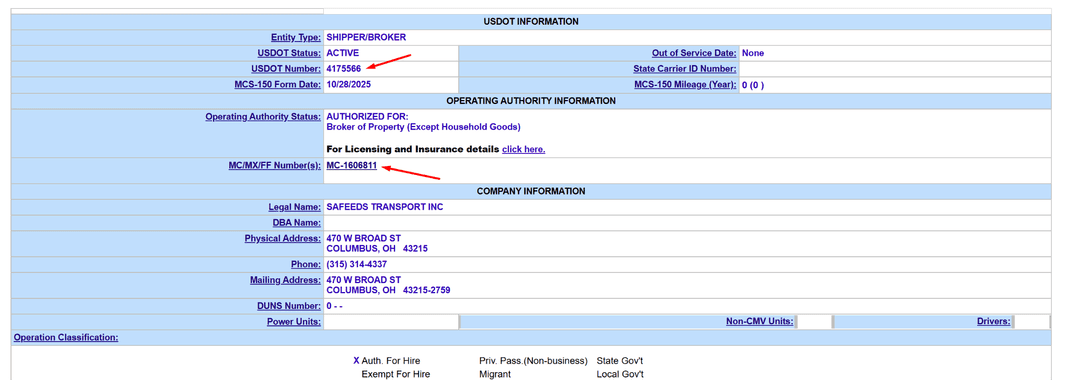 FMCSA SAFER record comparing the USDOT number and the MC docket number for one carrier
