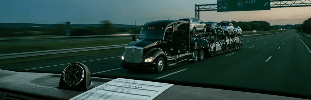 Dashboard clock and paperwork in the foreground as a loaded car carrier drives an interstate at dusk