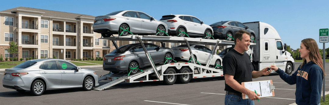 Customer receiving paperwork from a driver beside an open car carrier loaded with sedans outside apartments