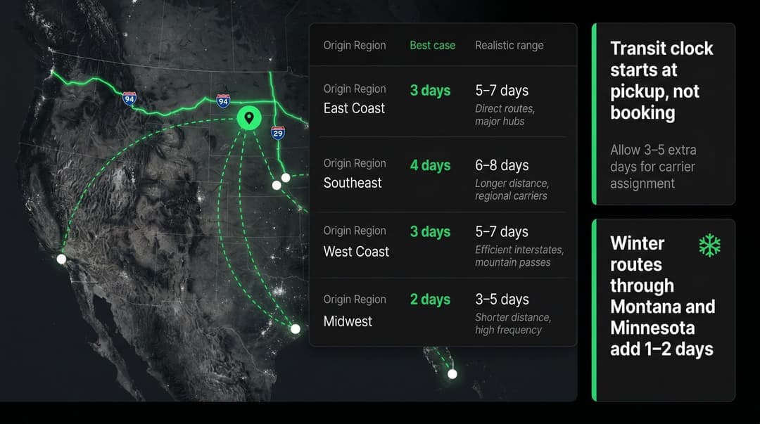 US map of transit times to North Dakota by region, with winter routes via Montana adding 1 to 2 days