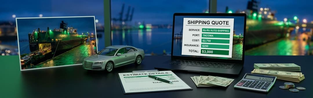 Laptop showing a shipping quote with cash, a calculator and a car model beside a port photo