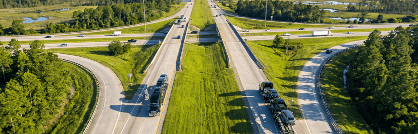 Aerial view of a Mississippi interstate interchange with trucks traveling through green woodland