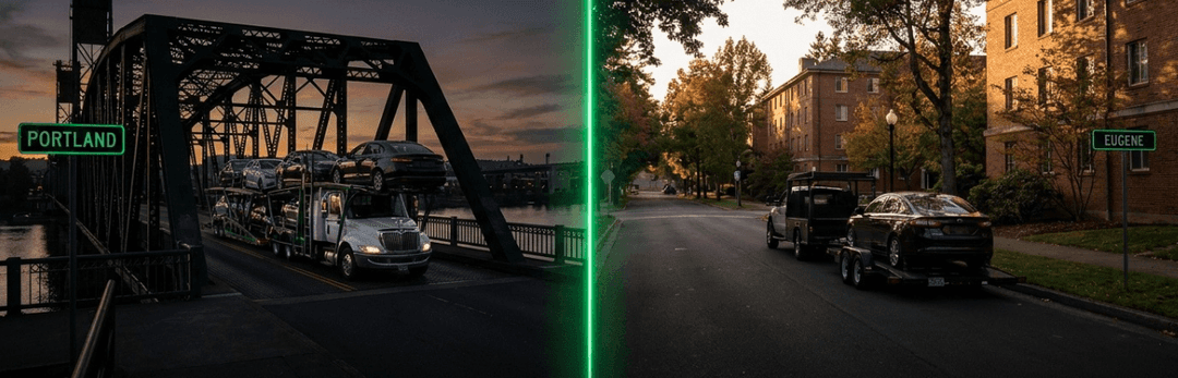 Split view of a car carrier crossing a Portland bridge and a pickup on a leafy Eugene street