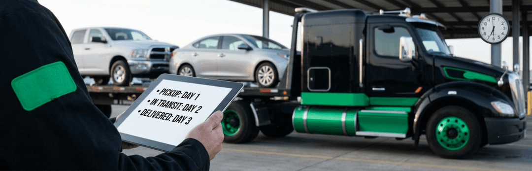 Driver holding a tablet listing pickup day 1, in transit day 2 and delivered day 3 beside a car carrier