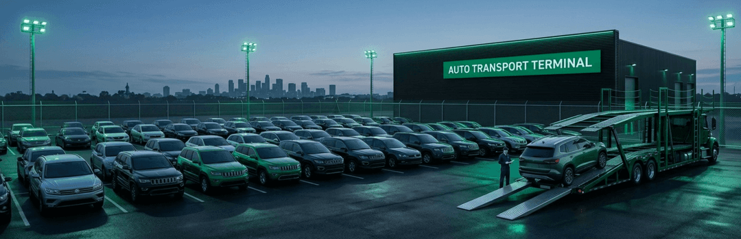 Auto transport terminal lot near New York filled with parked cars as a carrier unloads at dusk