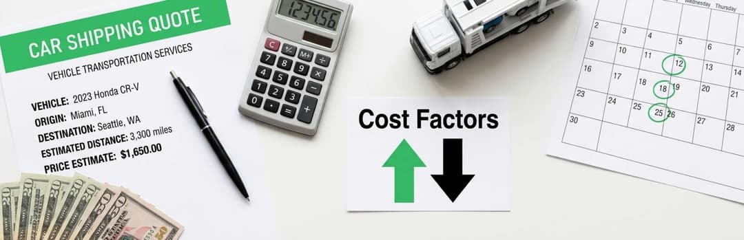 Car shipping quote sheet with a calculator, pen, calendar and a Cost Factors card with up and down arrows