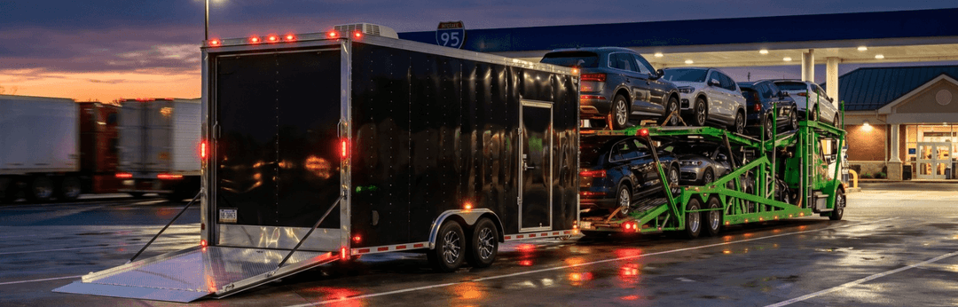 Enclosed car trailer and a loaded open carrier parked at a highway rest stop at dusk