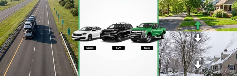 Collage of a highway car carrier, sedan, SUV and pickup sizes, and a summer versus snowy winter street