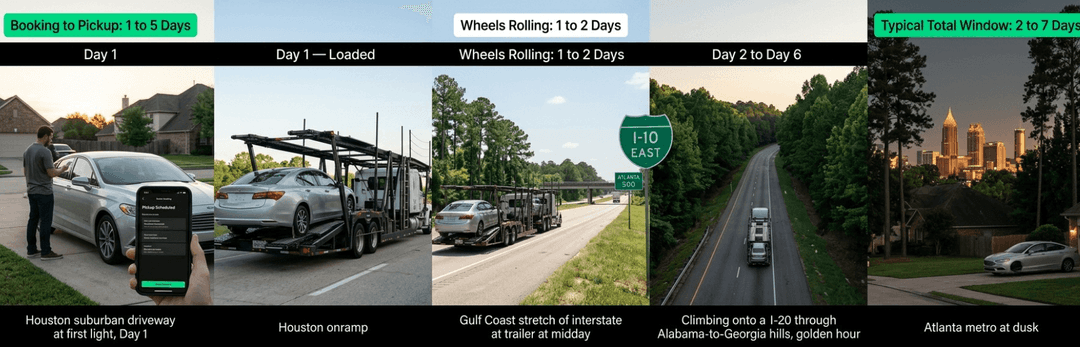 Timeline of a Houston to Atlanta shipment from 1 to 5 day pickup through 1 to 2 days rolling to delivery