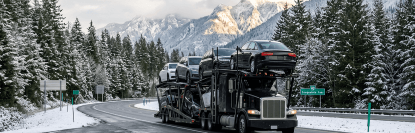 Loaded car carrier driving a snowy mountain pass through evergreen forest in Washington