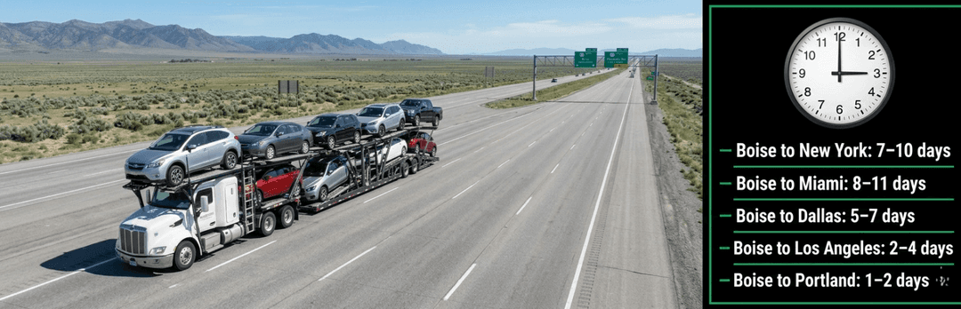 Car carrier on an Idaho highway beside transit times: Boise to New York 7 to 10 days, to Portland 1 to 2 days
