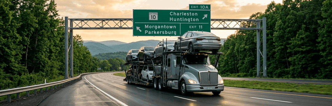 Car carrier on a wooded highway under signs to Charleston, Huntington, Morgantown and Parkersburg