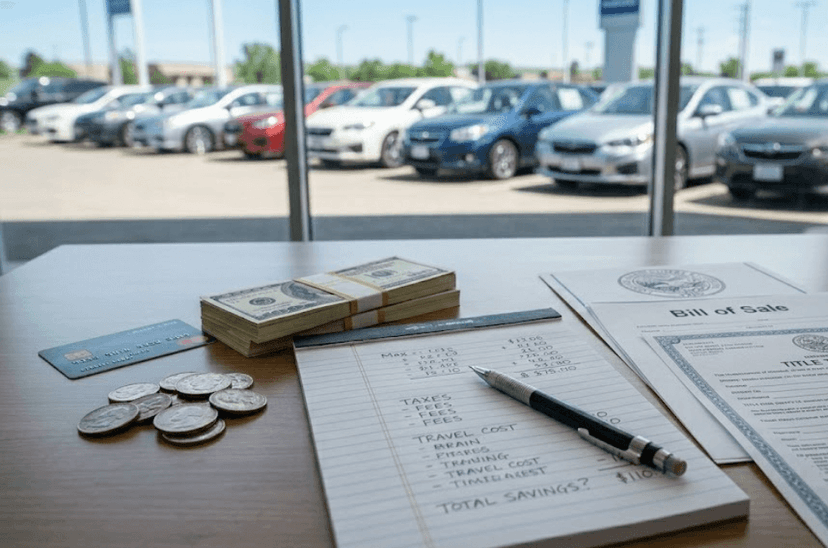 Bill of sale, cash stack, coins and a tax and fee worksheet on a desk overlooking a car dealership lot