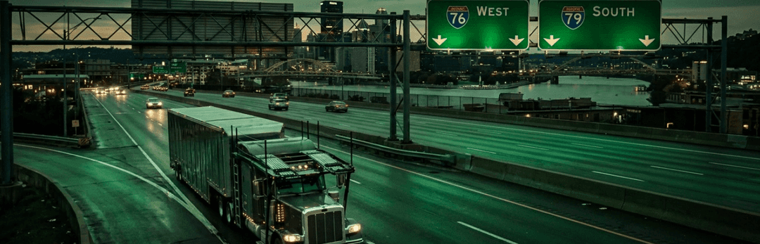 Car carrier trucks on a Pittsburgh interstate interchange at dusk under I-76 and I-79 direction signs