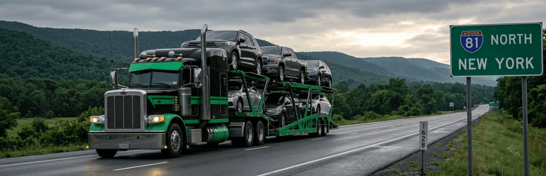 Green semi hauling a loaded car carrier past an I-81 North New York sign through green hills