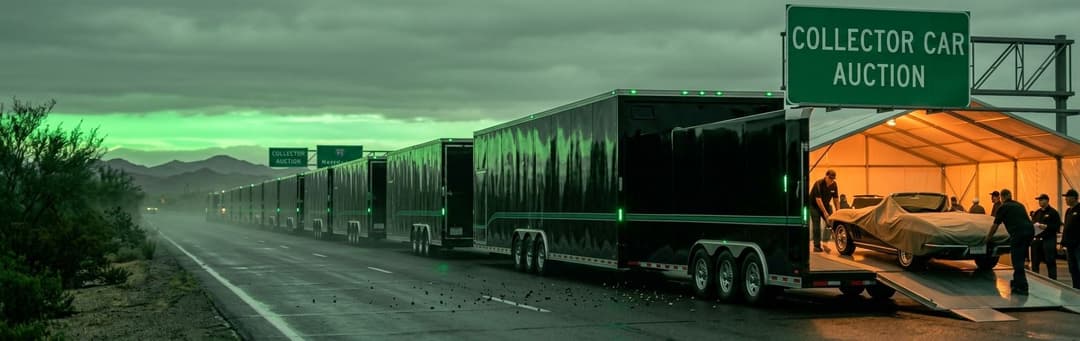 Line of enclosed car trailers heading to a lit tent under a Collector Car Auction sign