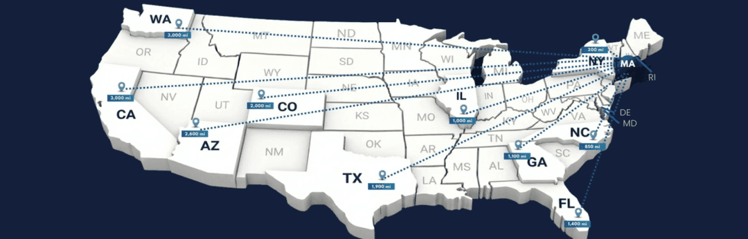 US map with pins marking Massachusetts car shipping routes to Florida, Georgia, North Carolina, Texas and Washington