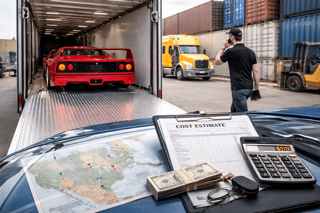 Map, cost estimate sheet, cash and calculator on a car hood beside an enclosed trailer holding a red Ferrari