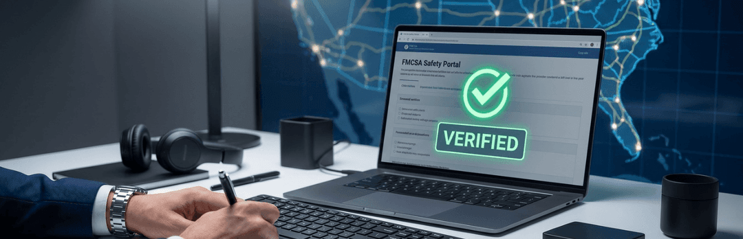 Person at a laptop showing a Verified checkmark on a carrier lookup page with a US map in the background