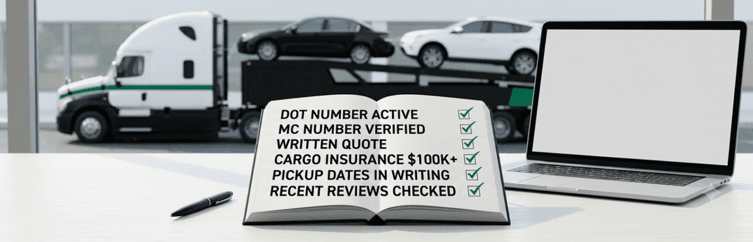 Checklist of DOT number active, MC number verified, written quote and cargo insurance $100k+ beside a laptop