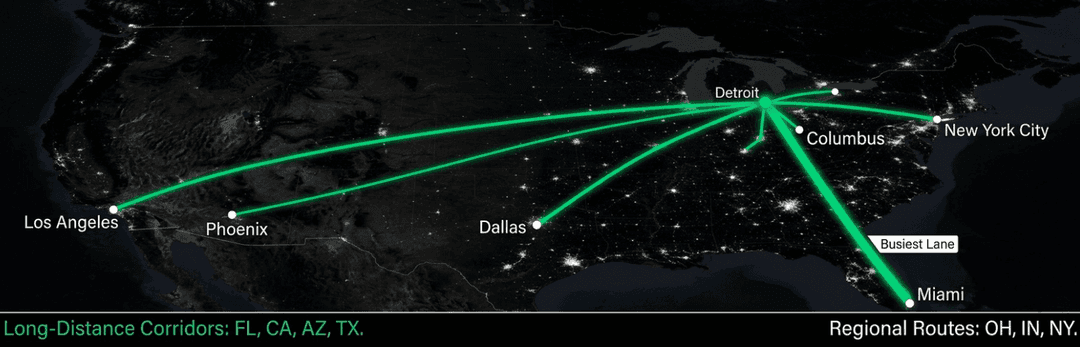 Night map of routes from Detroit to Los Angeles, Phoenix, Dallas, Miami, New York and nearby states