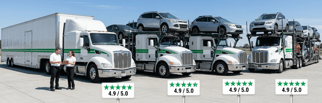 Row of white car carriers with drivers, each rated 4.9 out of 5 stars, for top Idaho car shipping companies