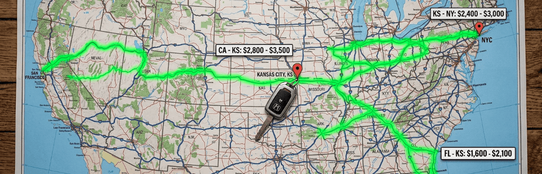 US road map with green routes linking Kansas to California, New York and Florida, each labelled with a price range