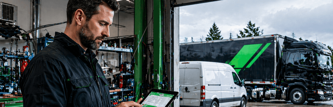 Man reviewing quotes on a tablet in a workshop beside a white van and a black enclosed transport truck