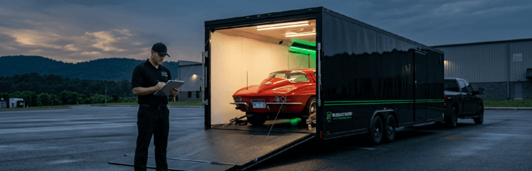 Red Corvette inside an open enclosed trailer at dusk while a driver checks paperwork