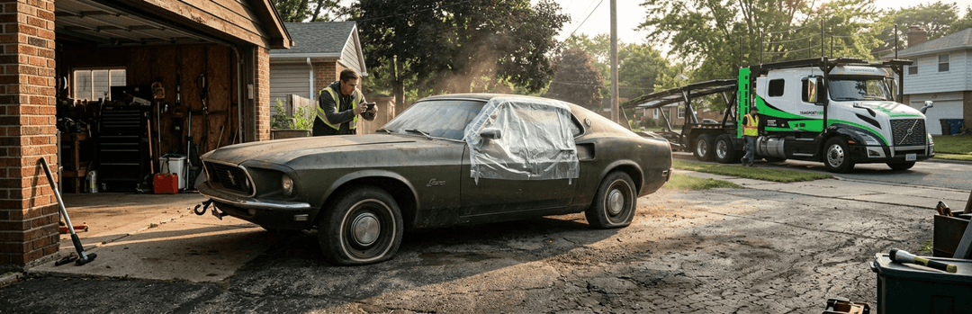 Dusty classic Mustang with a covered window outside a garage as a flatbed tow truck waits on the street