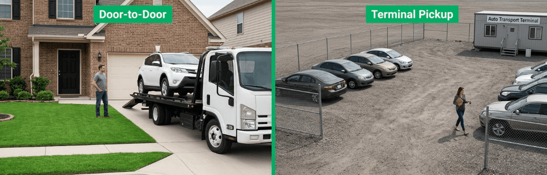 Door-to-door delivery by a tow truck at a house compared with terminal pickup at a fenced lot of cars
