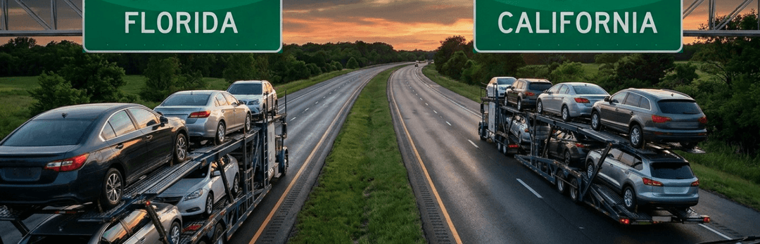 Loaded car carriers on two highways heading under Florida and California signs for popular PA routes