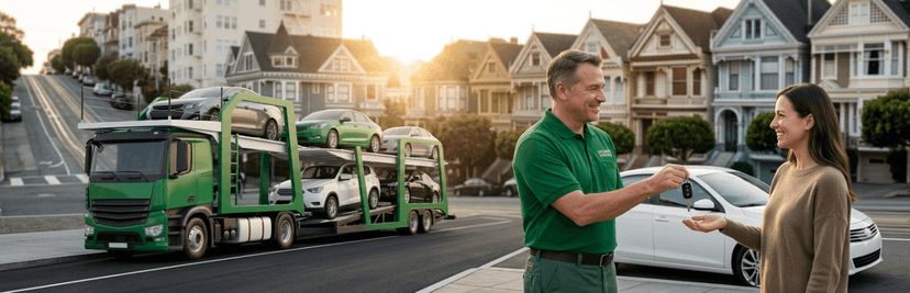 Driver handing keys to a woman next to a green car carrier in front of San Francisco Painted Ladies houses