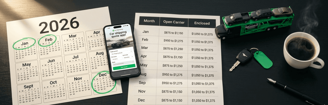 2026 calendar with marked months beside a monthly open vs enclosed rate table for San Diego to Houston car shipping