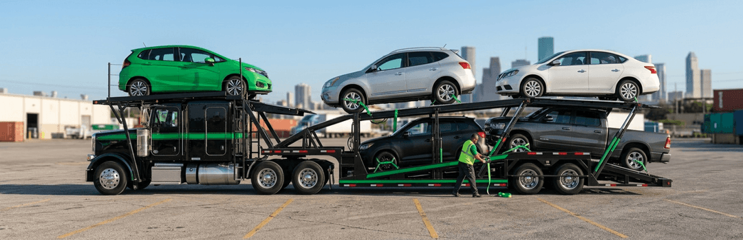 Open car carrier loaded with green and white cars in a lot with a city skyline, as a driver secures a vehicle