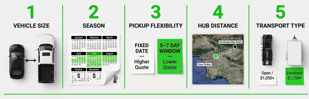 Five cost variables, LA to NYC: vehicle size, season, pickup flexibility, hub distance and transport type