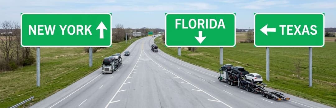 Car carrier on a highway under green signs pointing to New York, Florida and Texas