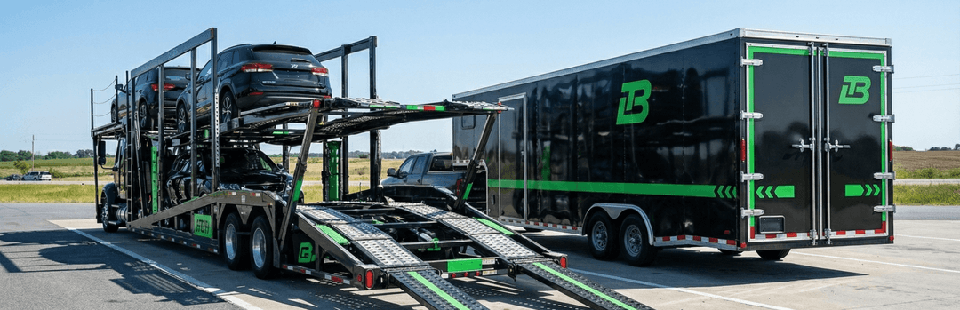 Open car carrier with loading ramps down beside a black enclosed trailer in a sunny lot